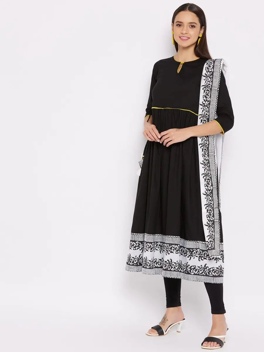 winered-black-flared-kurta-cotton-solid-kurta-and-dupatta-set