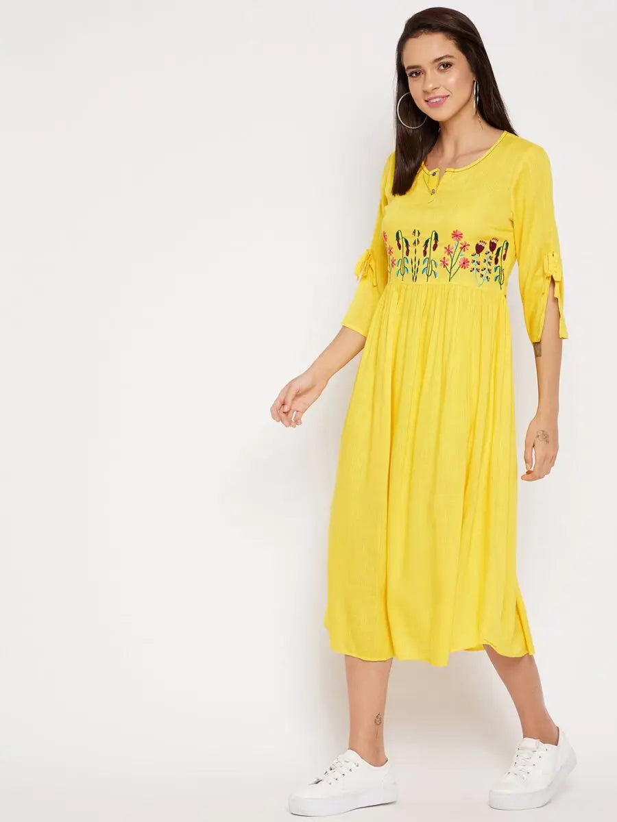 winered-yellow-gathered-rayon-embroidered-dress