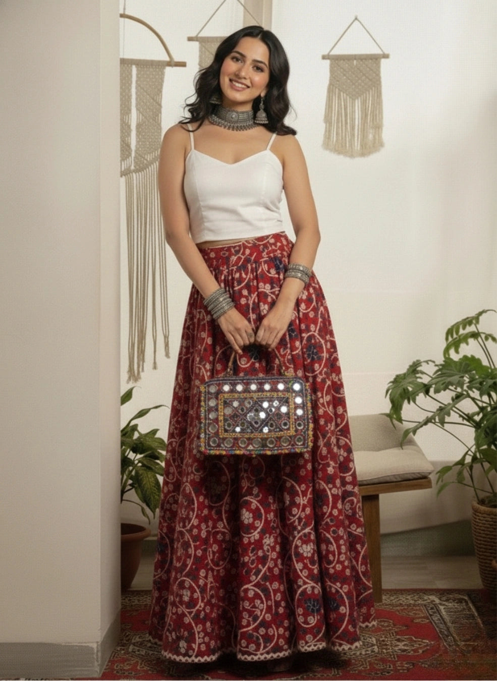 Women Red Ethnic Printed Cotton Maxi Skirt