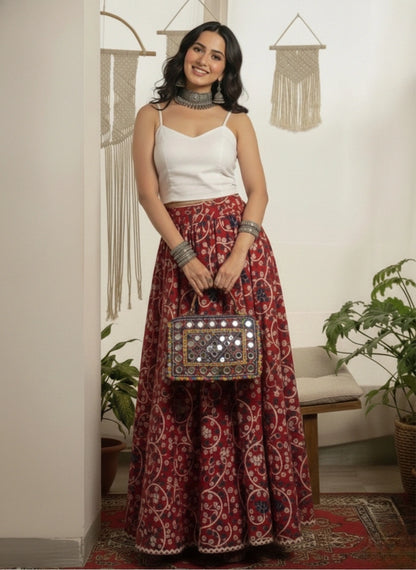 Women Red Ethnic Printed Cotton Maxi Skirt