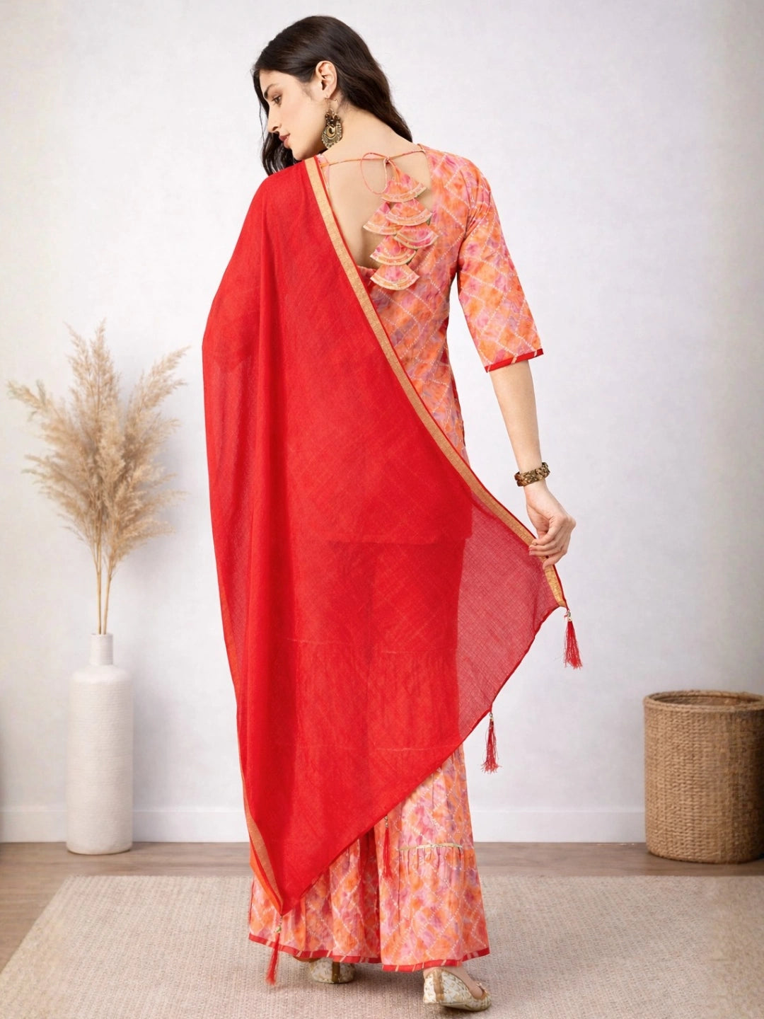 WineRed Woman Orange with Neck Embroiderey Sharara Set