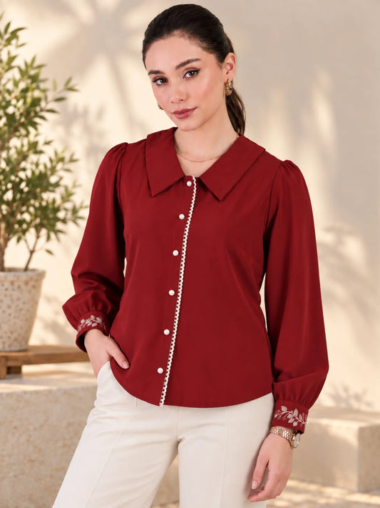 Women Maroon Cuff Embroidered Shirt
