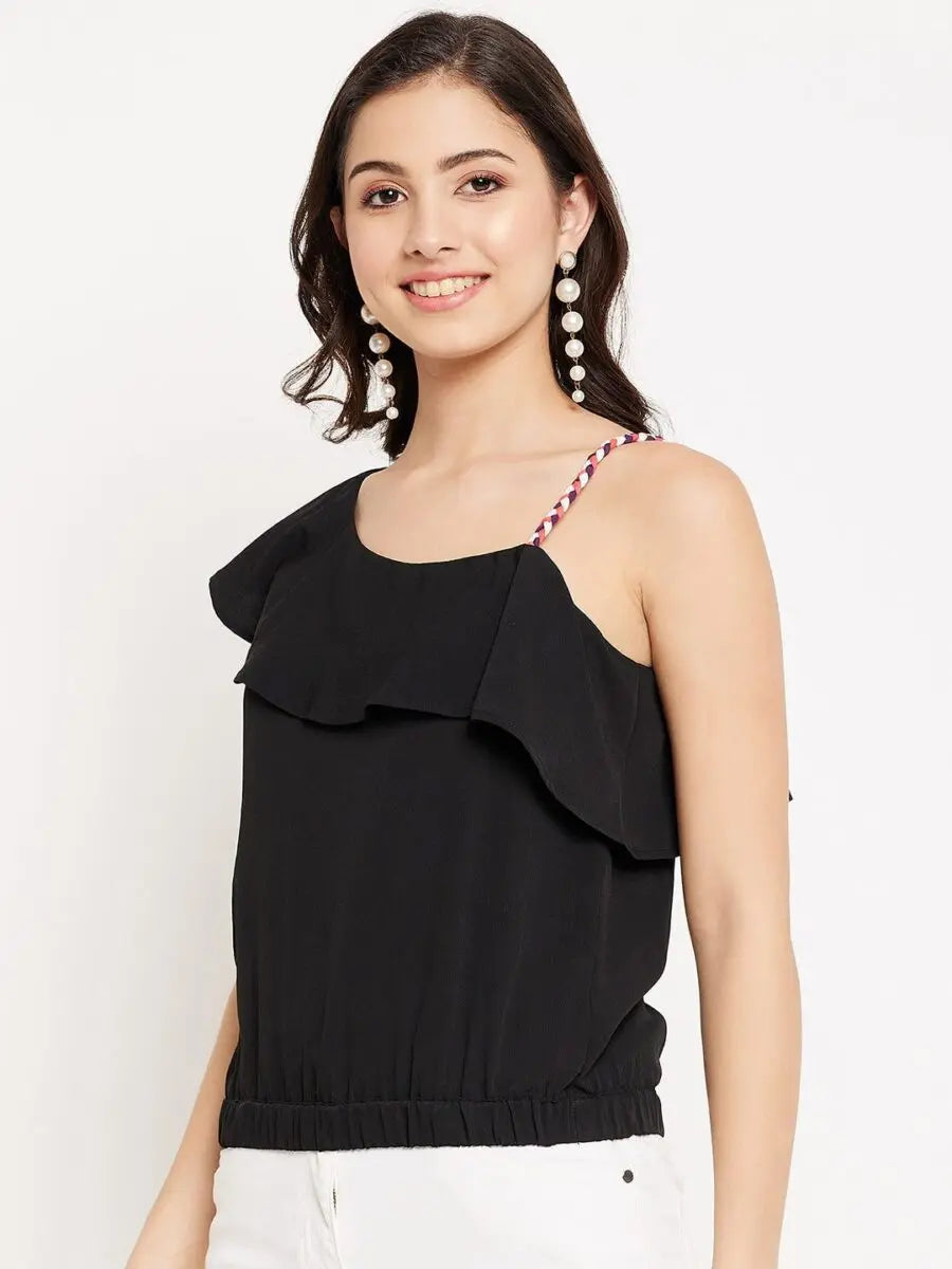 winered-coloured-strap-ruffle-neck-top