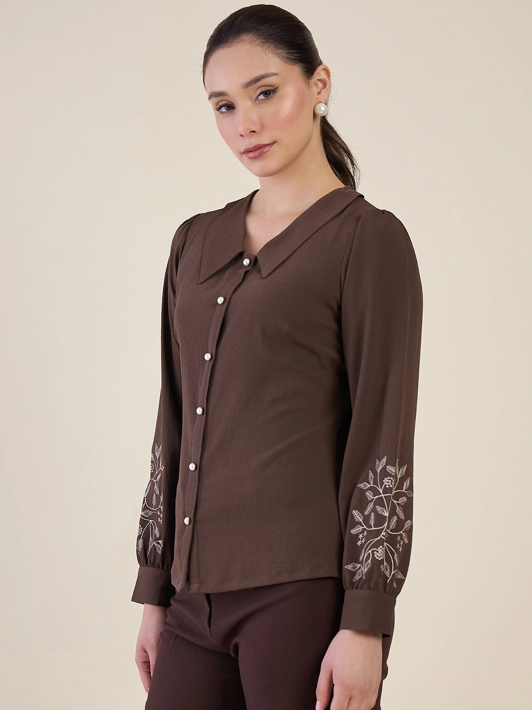 Women Brown Embroidered Peter Pan Collar Shirt