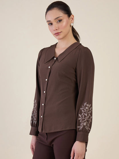 Women Brown Embroidered Peter Pan Collar Shirt