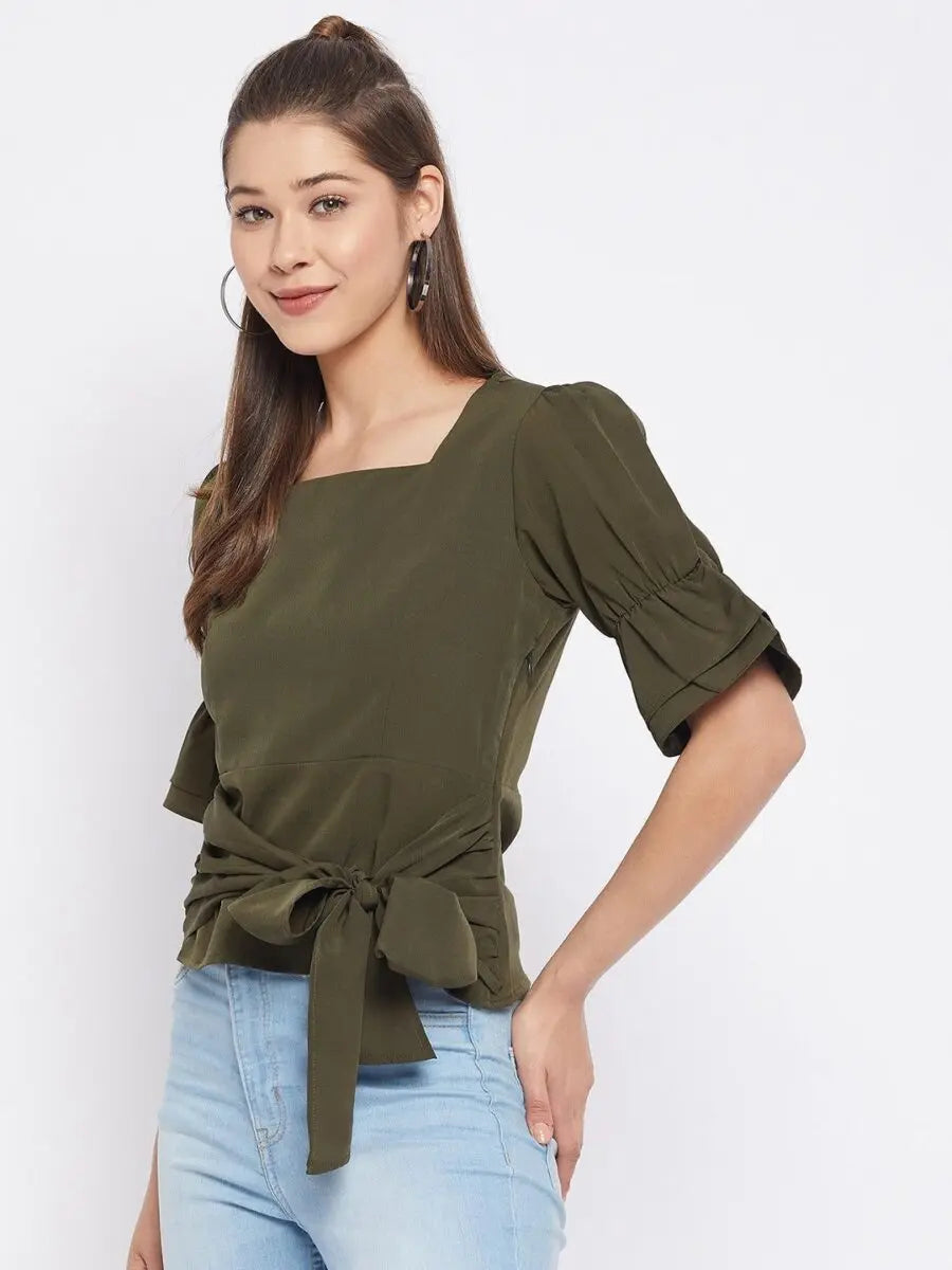 winered-dark-green-solid-polyester-regular-top