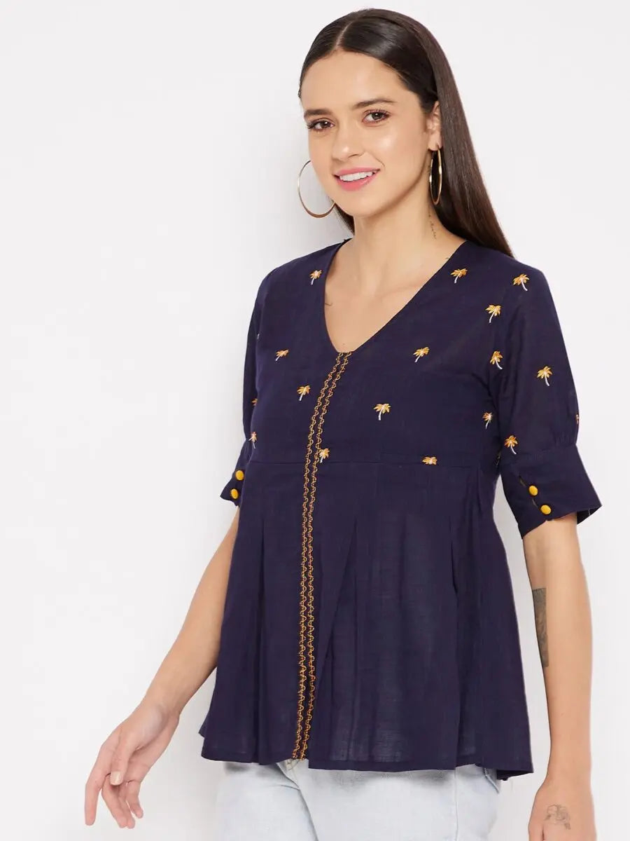 winered-navy-blue-a-line-cotton-embroidered-top