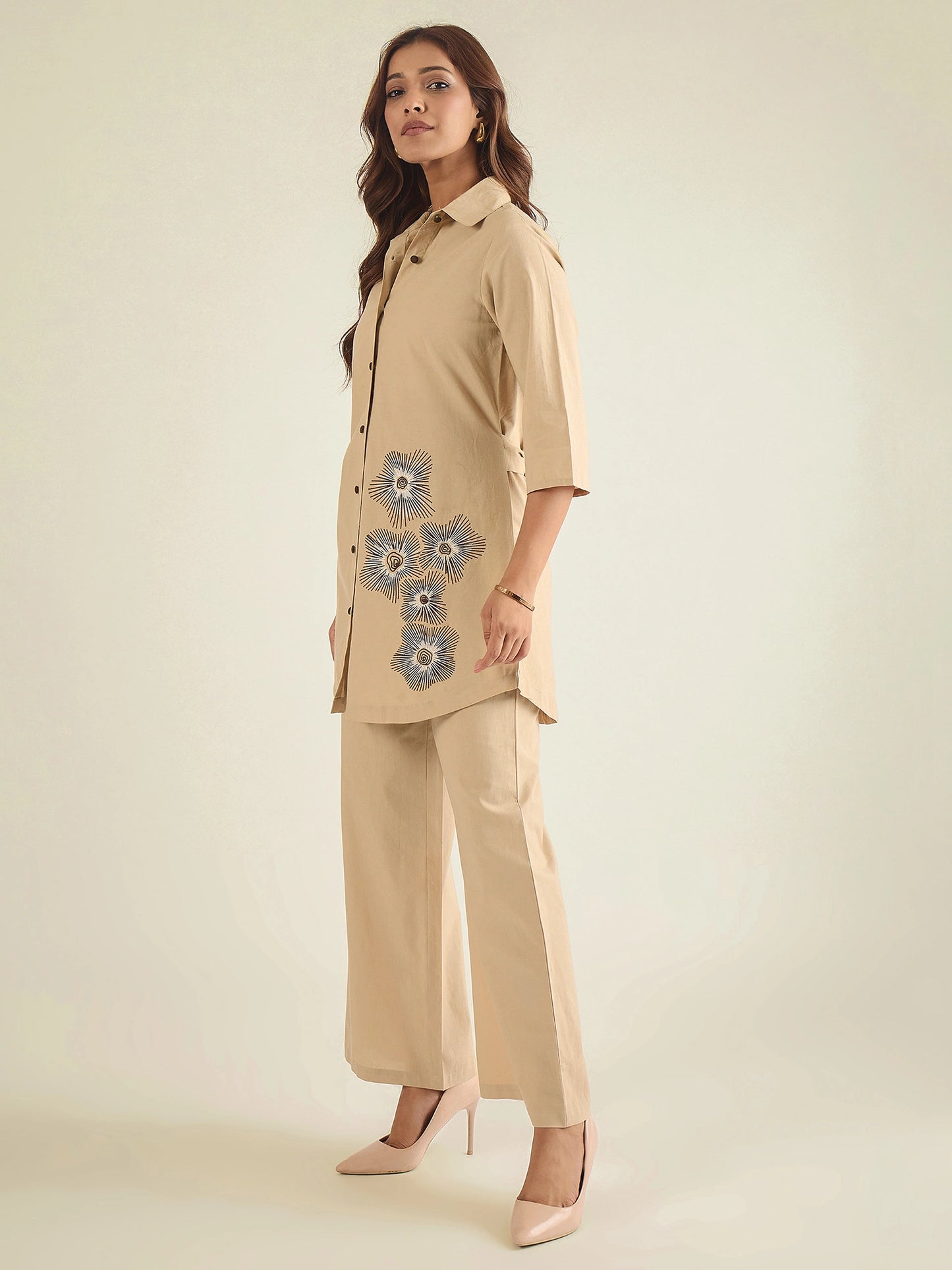 Women Beige Cotton Embroidered Shirt with Pant Co-ord Set