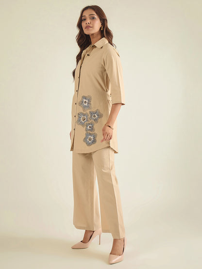 Women Beige Cotton Embroidered Shirt with Pant Co-ord Set