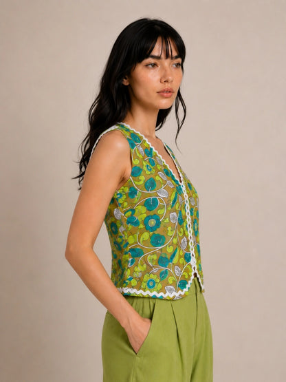 Women's Floral Print Sleeveless V-Neck Waistcoat Top | Buttonless Crop Vest for Women