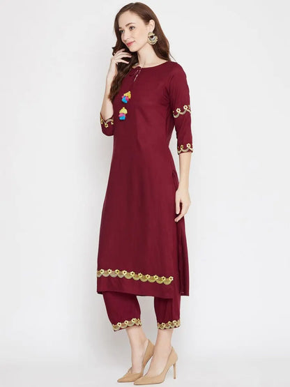 winered-maroon-straight-rayon-embroidered-kurta-and-palazzo-set