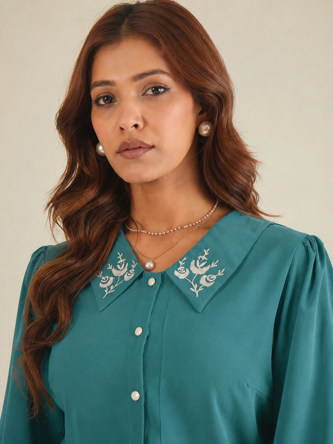 Women Teal Embroidered Collar Shirt