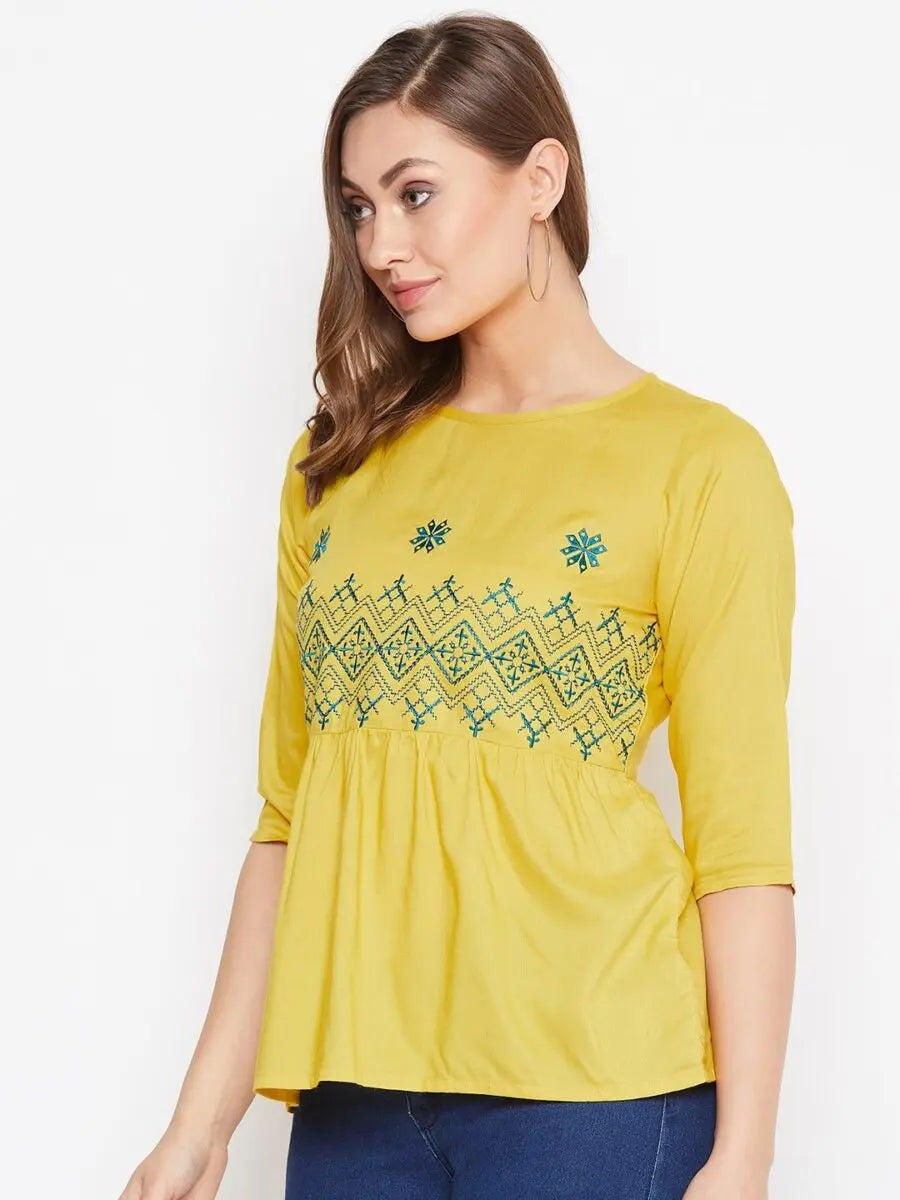 winered-yellow-embroidered-rayon-empire-waist-top