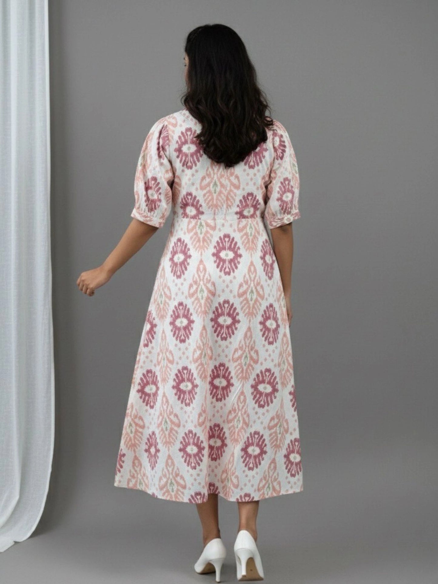 Women Cotton Ikat Printed Knotted Midi Dress