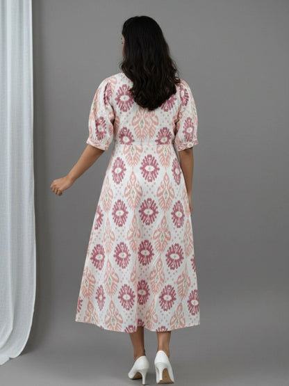 Women Cotton Ikat Printed Knotted Midi Dress