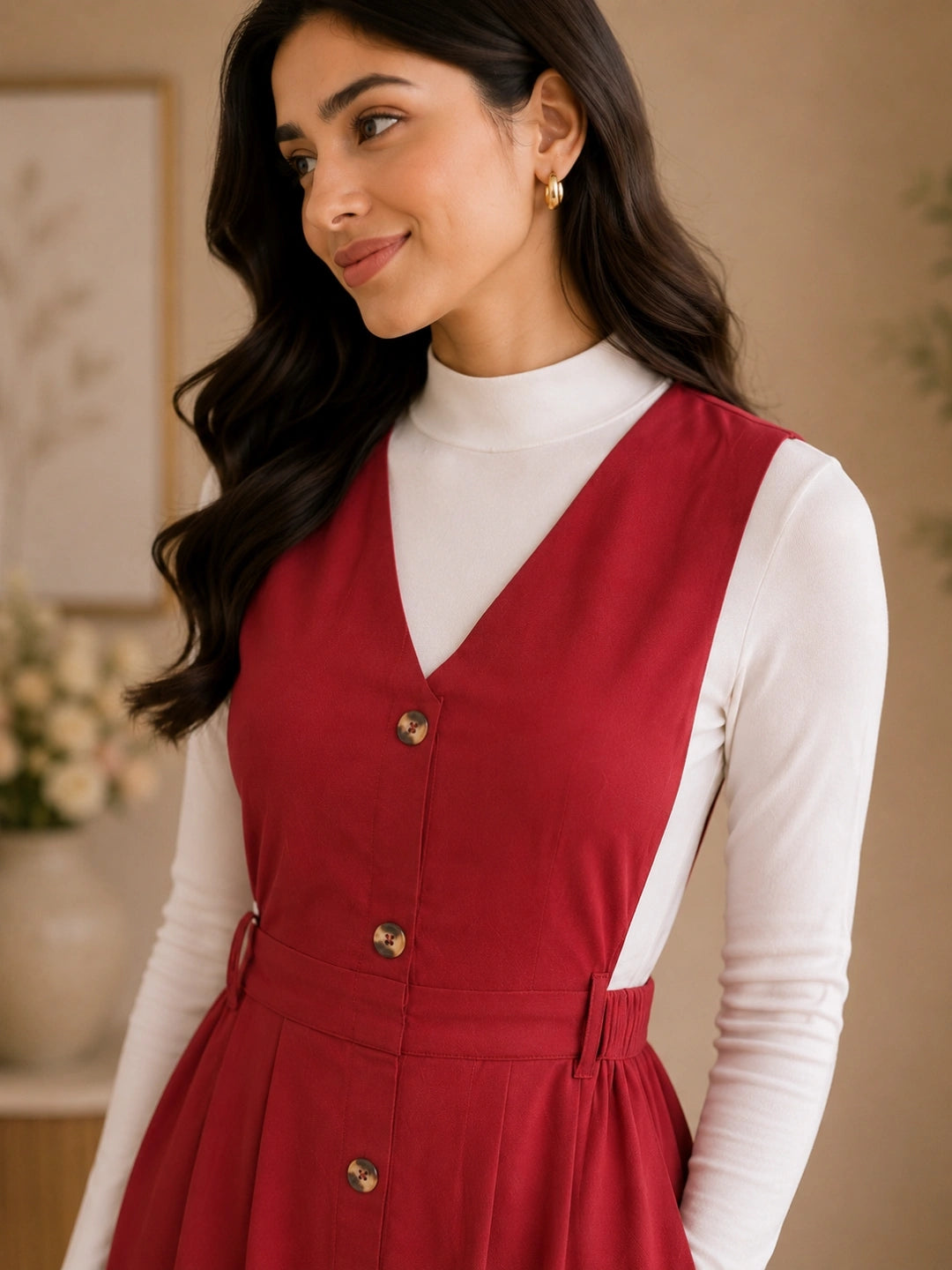 Women Solid Maroon Button-Down Pinafore Dress