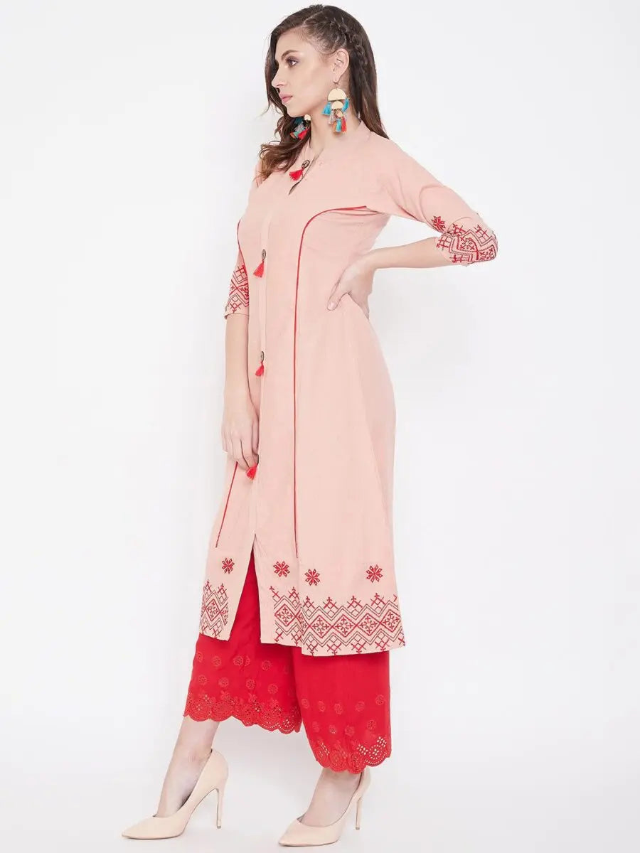 winered-peach-a-line-cotton-embroidered-kurta