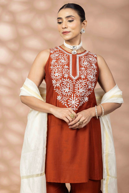 Women Rust Flared Kurta, Sharara and Dupatta Set