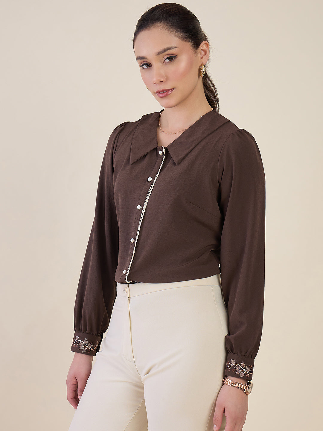 Women Brown Embroidered Cuff Shirt