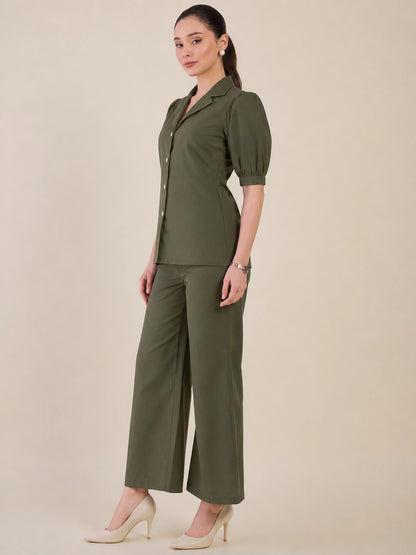 Women Olive Green Puff Sleeves Co-ord Set