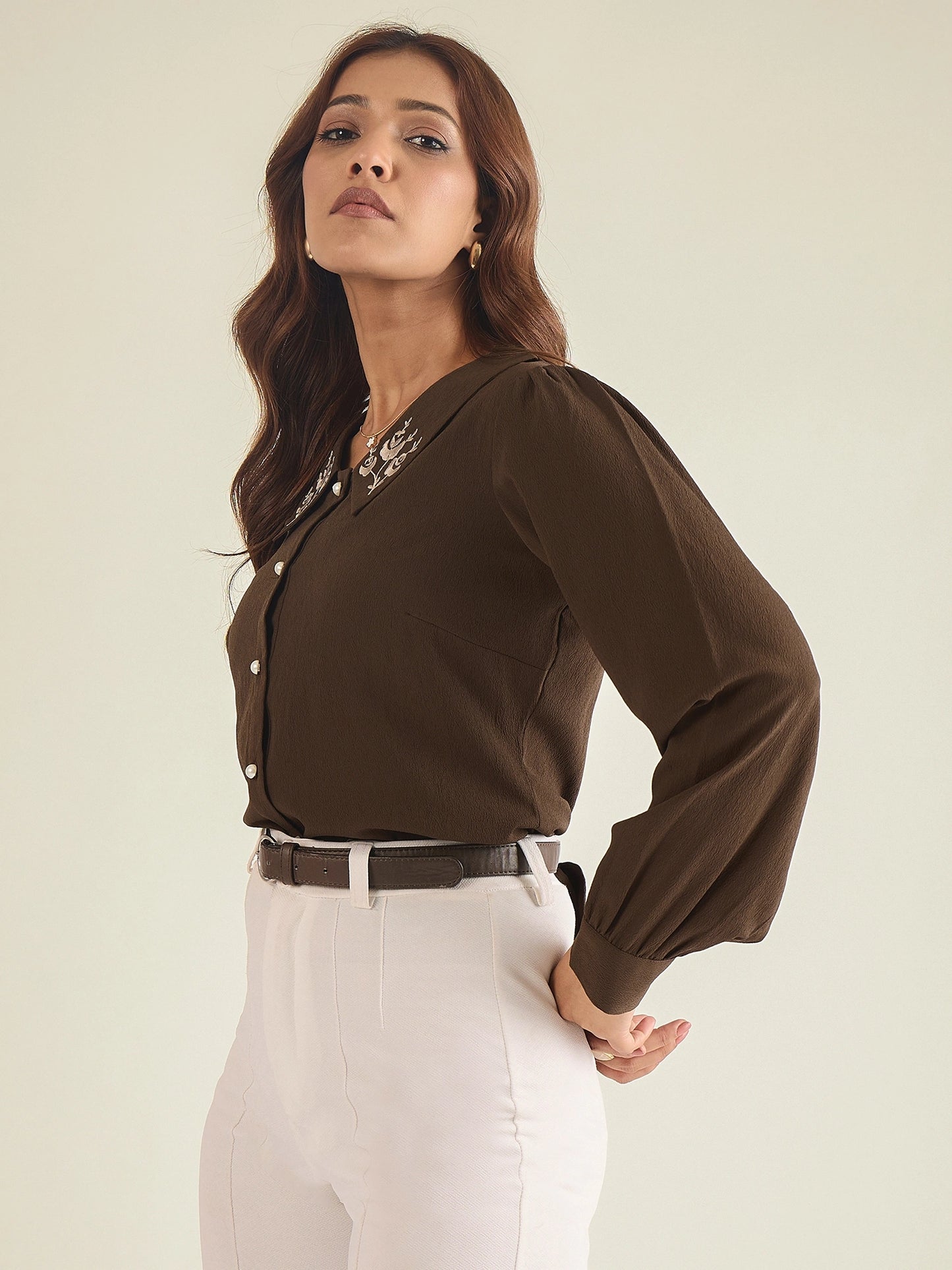 winered-women-brown-collared-shirt-with-contrast-embriodery