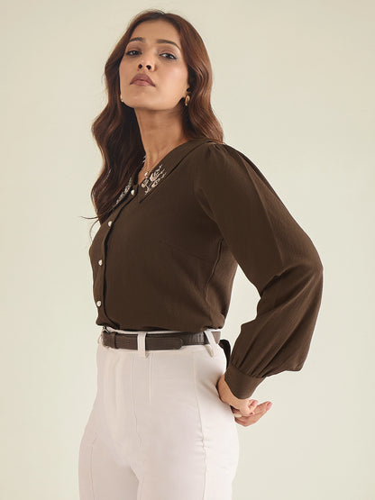 winered-women-brown-collared-shirt-with-contrast-embriodery