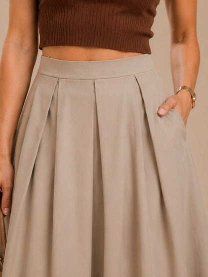 Women Beige Solid Pleated Flared Midi Skirt