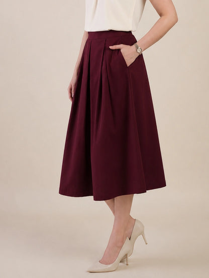 Women Bugundy Solid Pleated Flared Midi Skirt