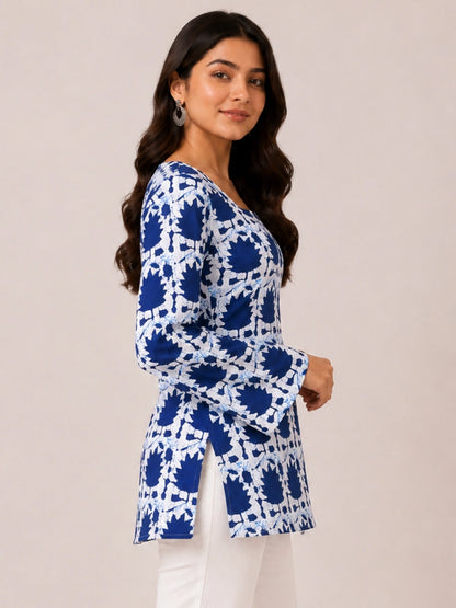 Women's Blue Abstract Print Corset Style Short Kurti with Square Neck, Bell Sleeves and Adjustable Back Tie-Up for Casual Wear