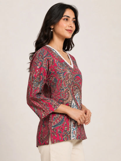 Women's Pink Paisley Print Short Kurti with V-Neck Lace Detail and Three-Quarter Sleeves for Casual Wear