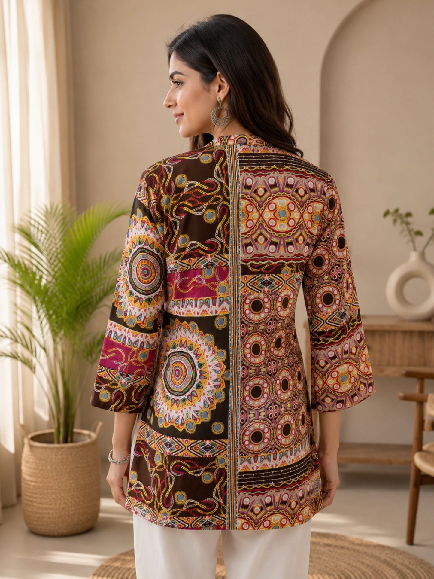 Women Multicolor Ethnic Printed Cotton Short Kurti with 3/4th Straight Sleeves
