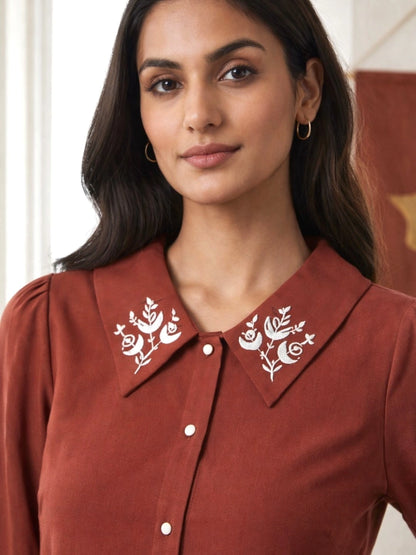 Women Maroon Collared Shirt with Contrast Embriodery