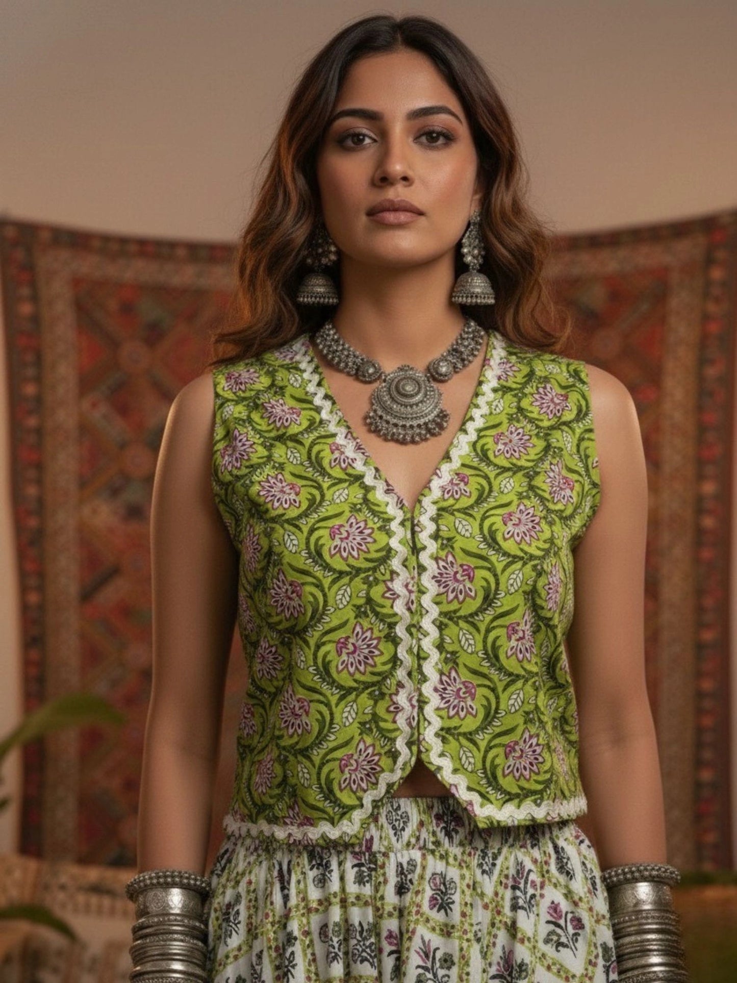 Women Green Lace Detailing Waistcoat Top