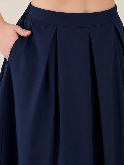 Women Solid Pleated Midi Skirt