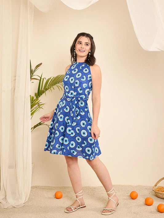 women-blue-evil-eye-printed-halter-neck-cotton-dress