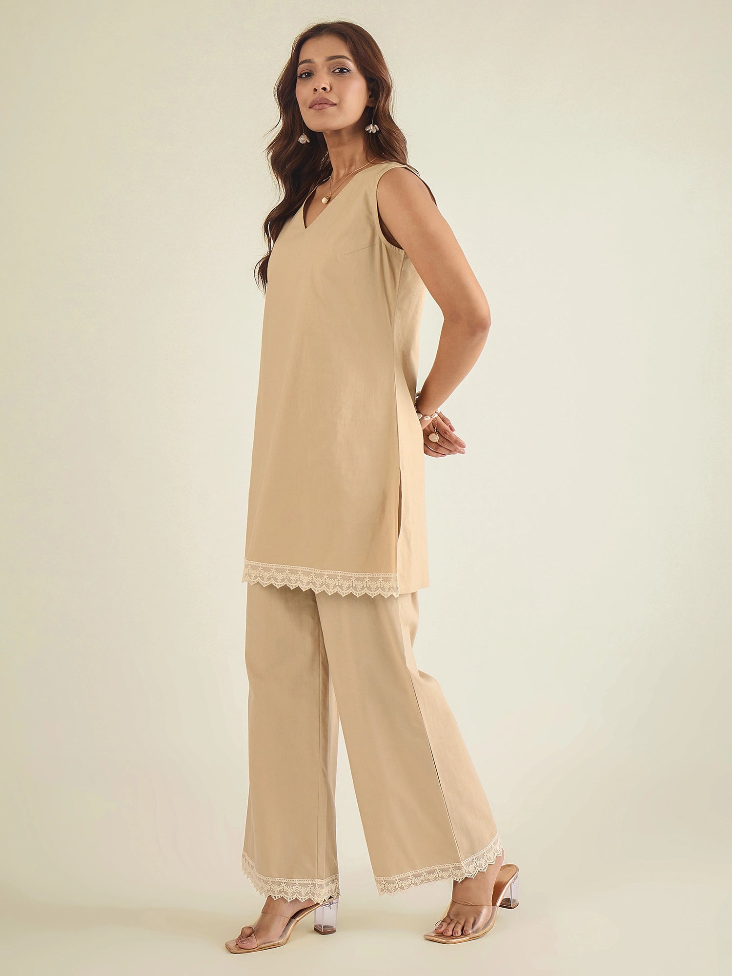 women-beige-cotton-poplin-lace-detailed-tunic-with-pant-co-ord-set