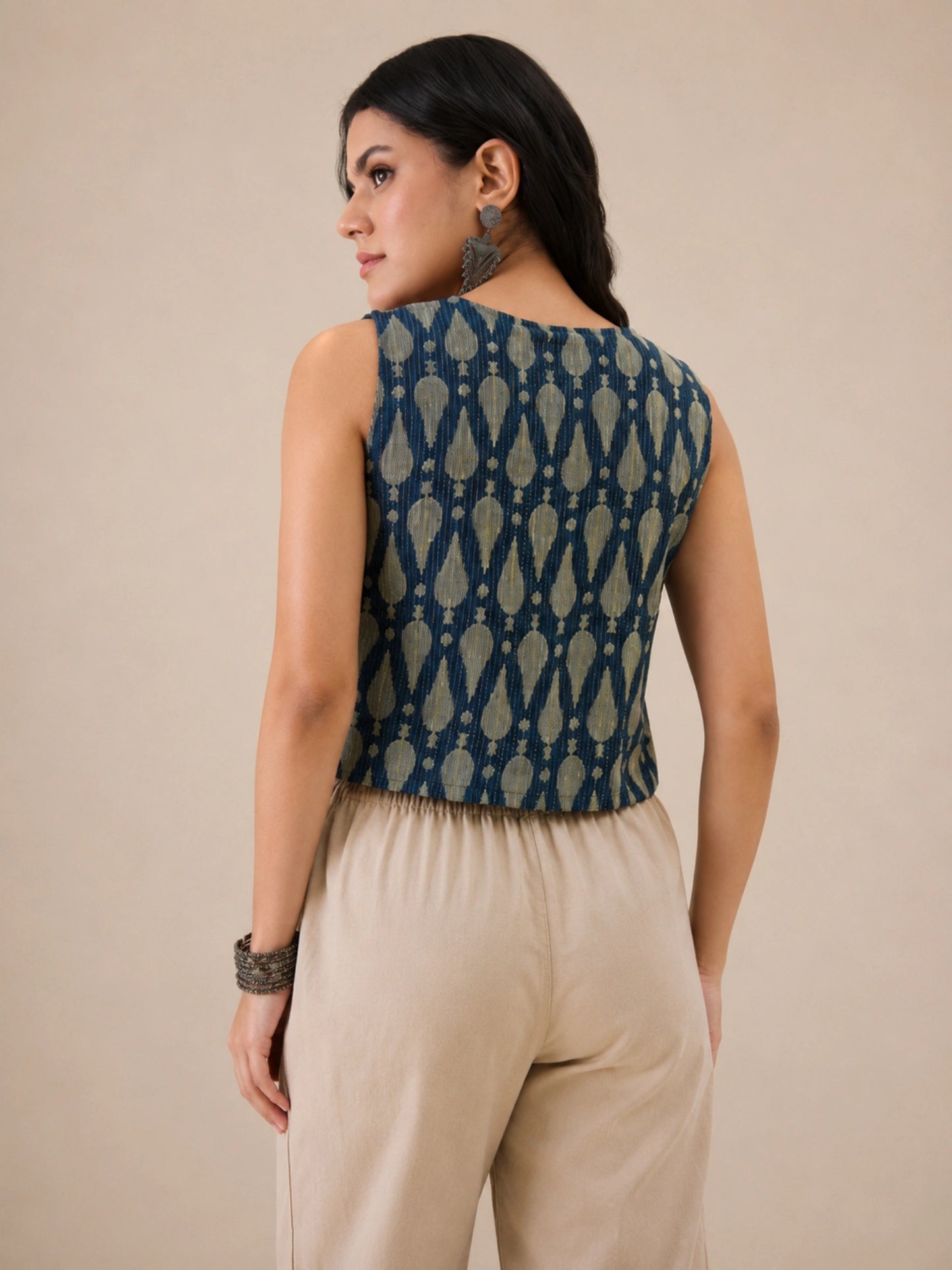 Women's Blue Ikat Printed Sleeveless V-Neck Button Front Waistcoat Style Top | Regular Fit | Casual, Office & Everyday Wear