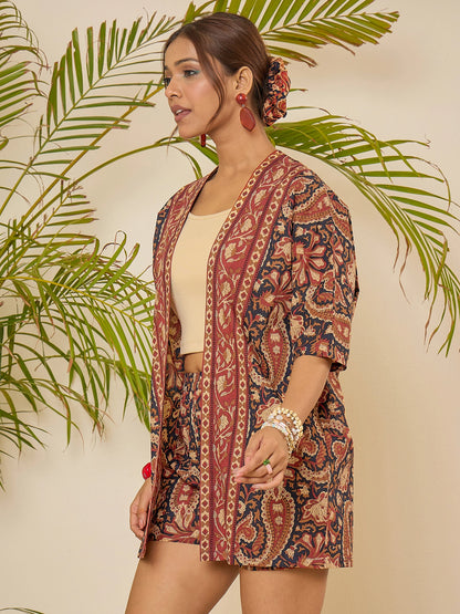 women-cotton-border-printed-shrug-with-shorts-2pc-set