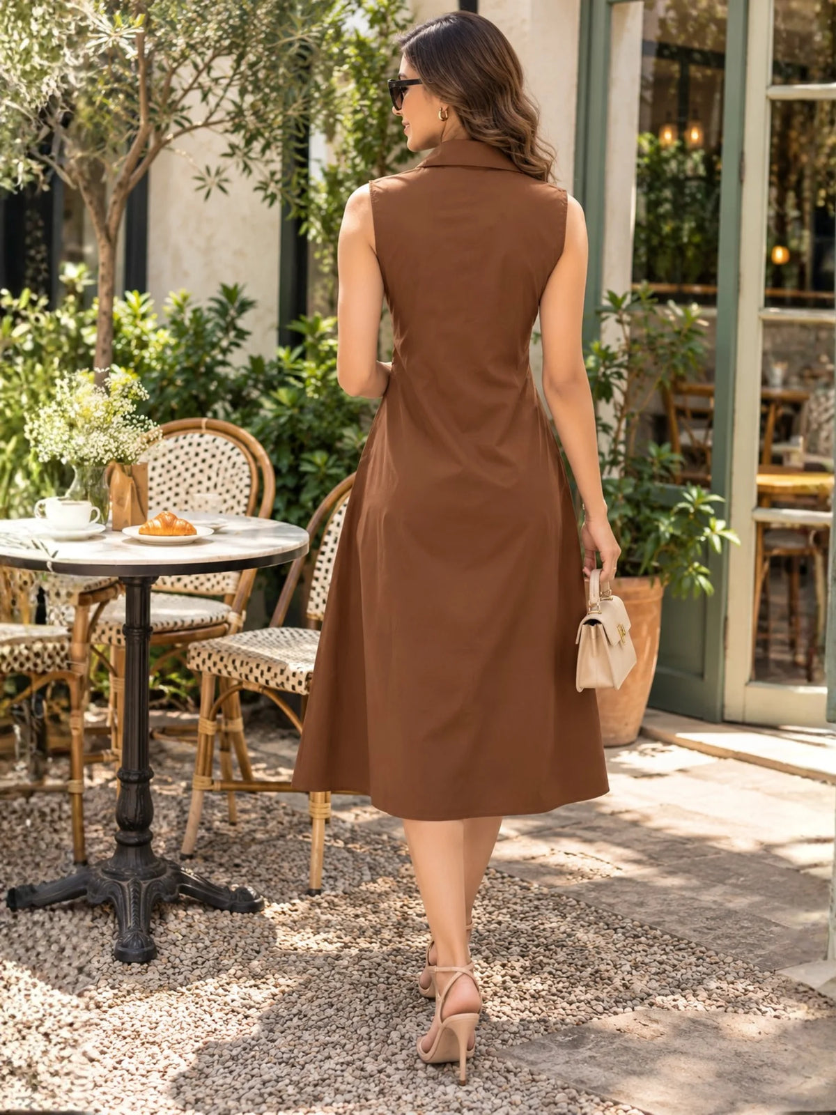 Women’s Brown Sleeveless Bow-Tie Shirt Dress