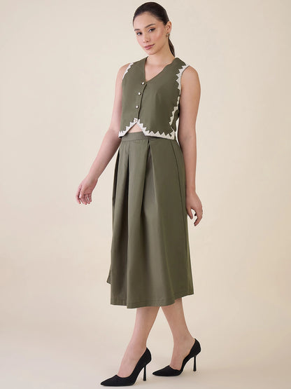 Women Olive Green Vest & Skirt Co-ord Set