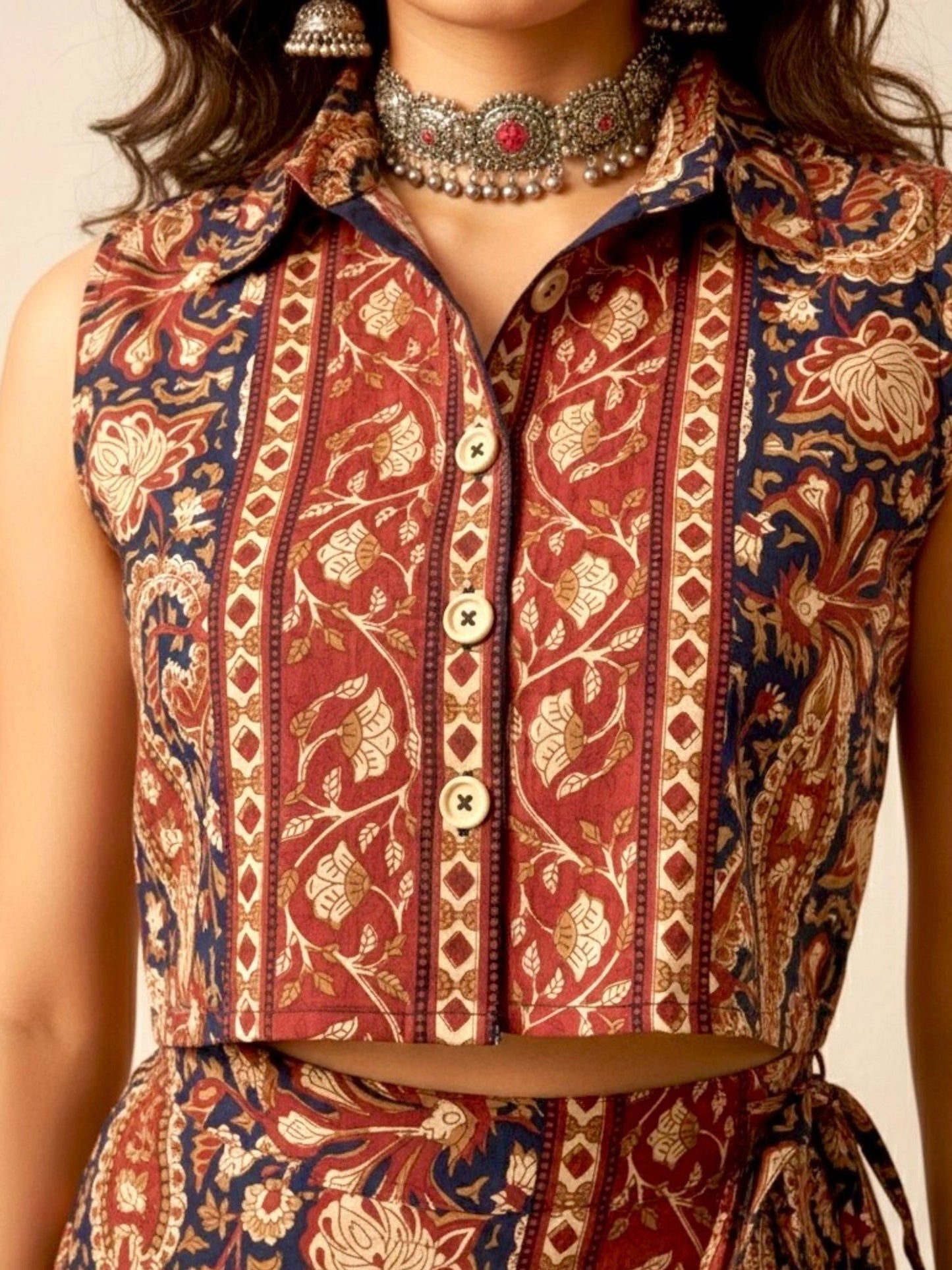 Women's Ethnic Printed Sleeveless Crop Shirt & Tie-Up Wrap Skirt Set