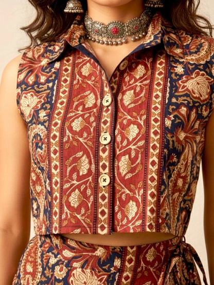 Women's Ethnic Printed Sleeveless Crop Shirt & Tie-Up Wrap Skirt Set