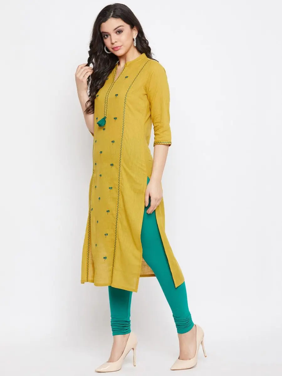 winered-mustard-yellow-straight-cotton-embroidered-kurta