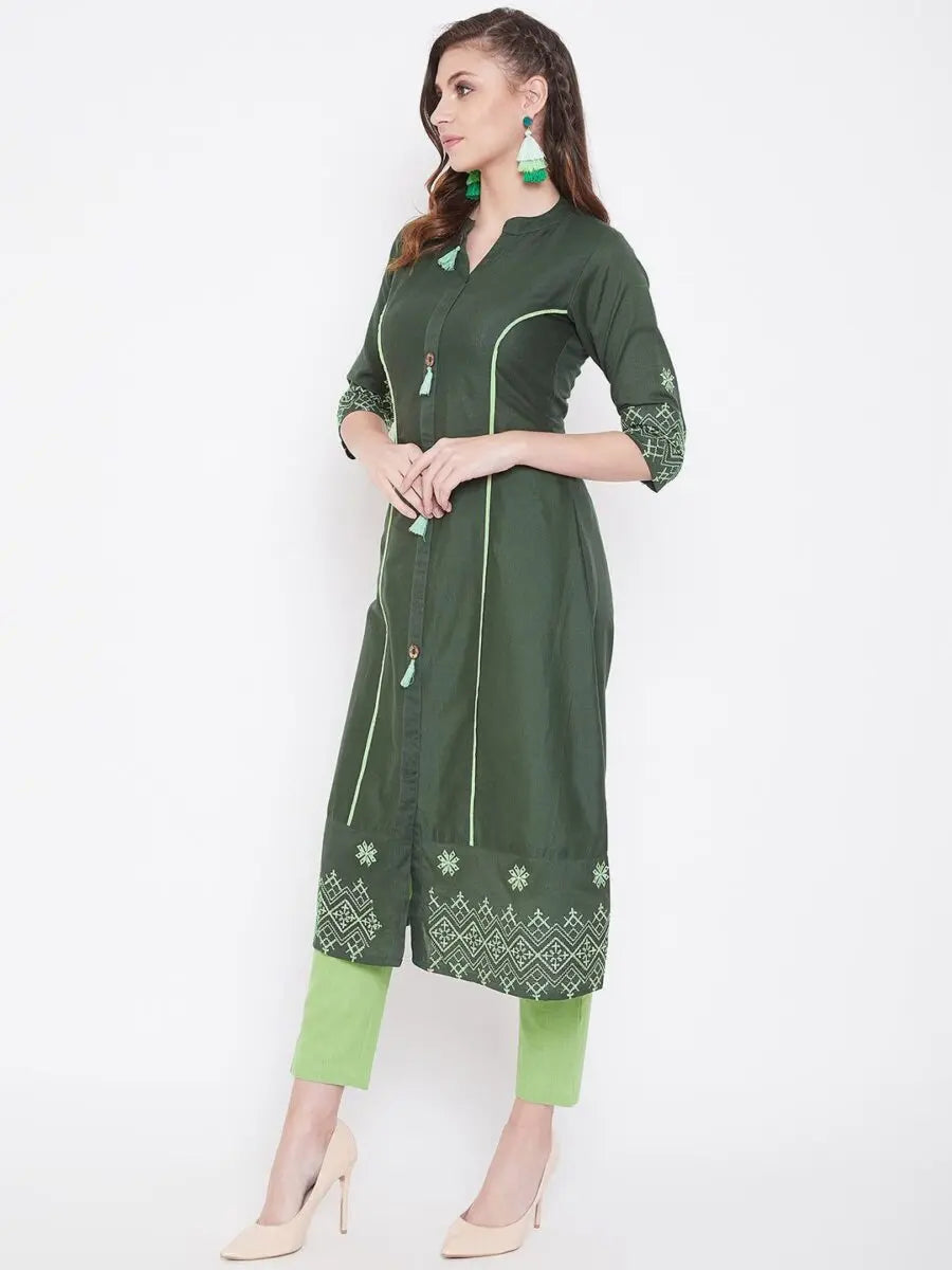 winered-dark-green-a-line-cotton-embroidered-kurta