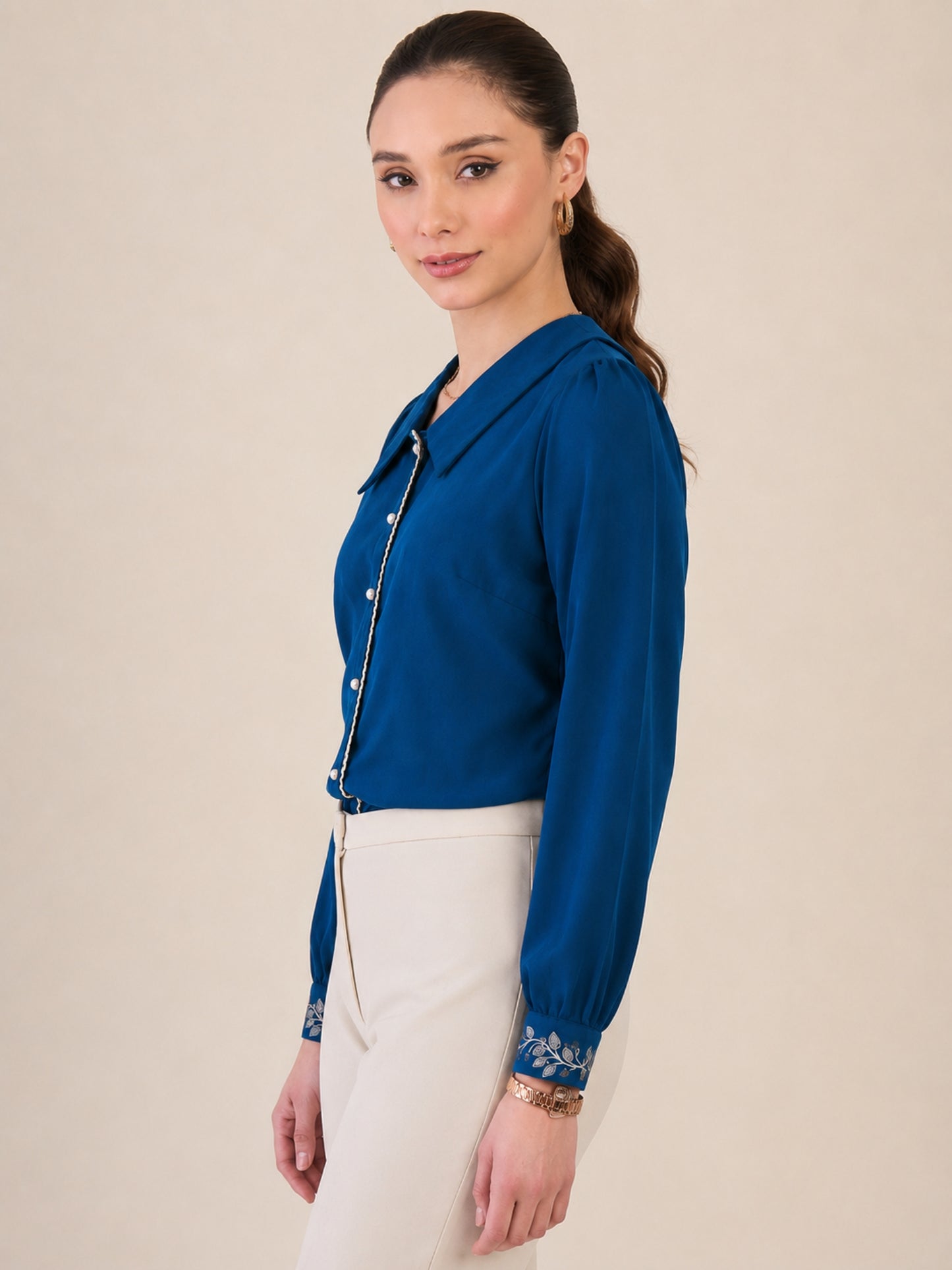 Women Blue Embroidered Cuff Shirt