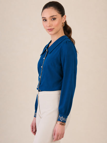 Women Blue Embroidered Cuff Shirt