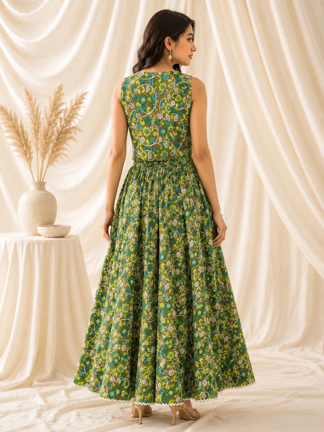 Women's Floral Printed Waistcoat Top and Maxi Skirt Co-Ord Set