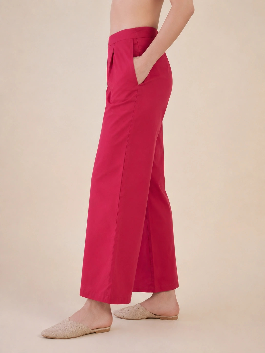 Women's Solid Pink Wide Leg Trousers