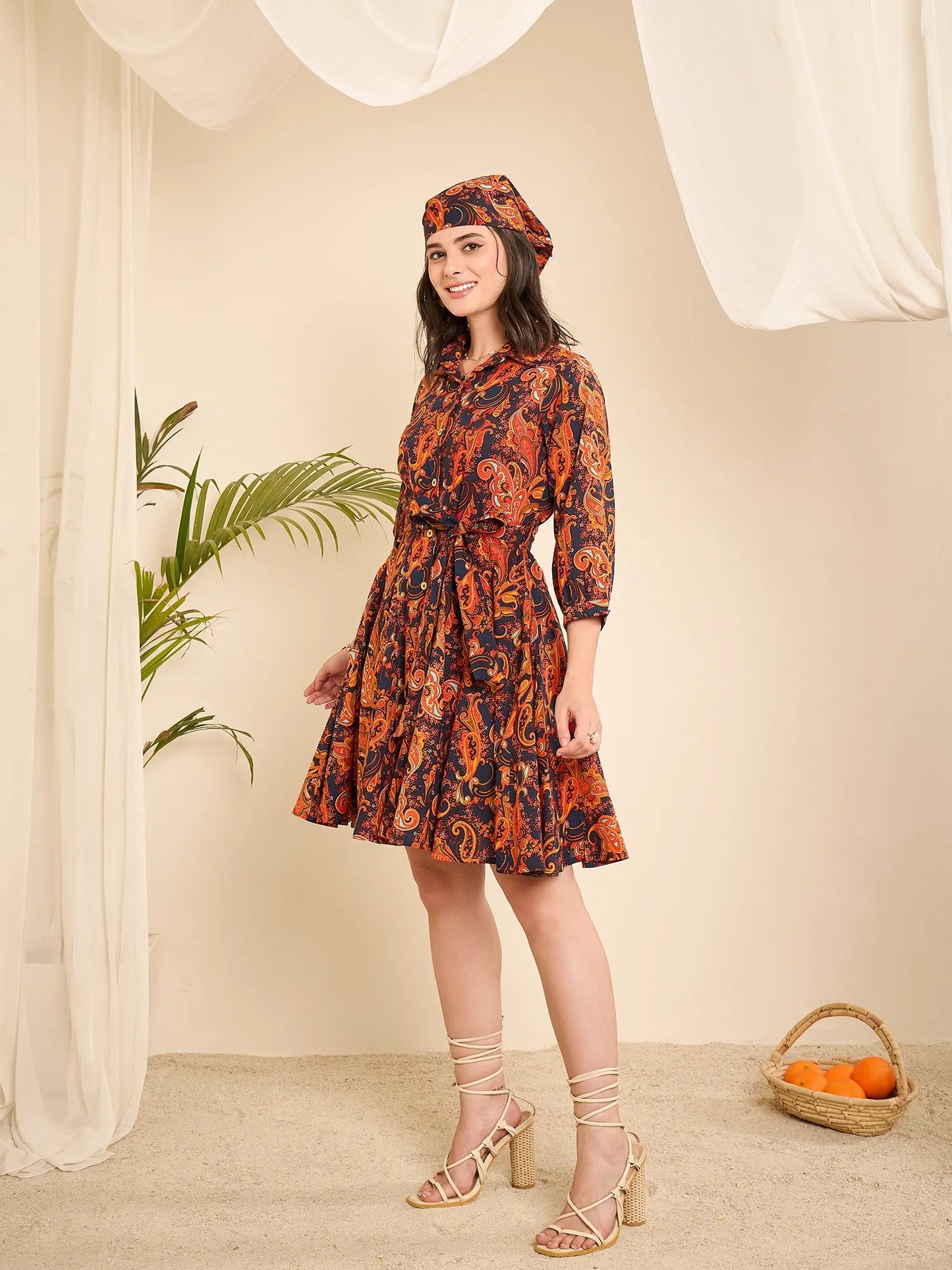 women-navy-blue-cotton-paisely-print-godet-flared-dress