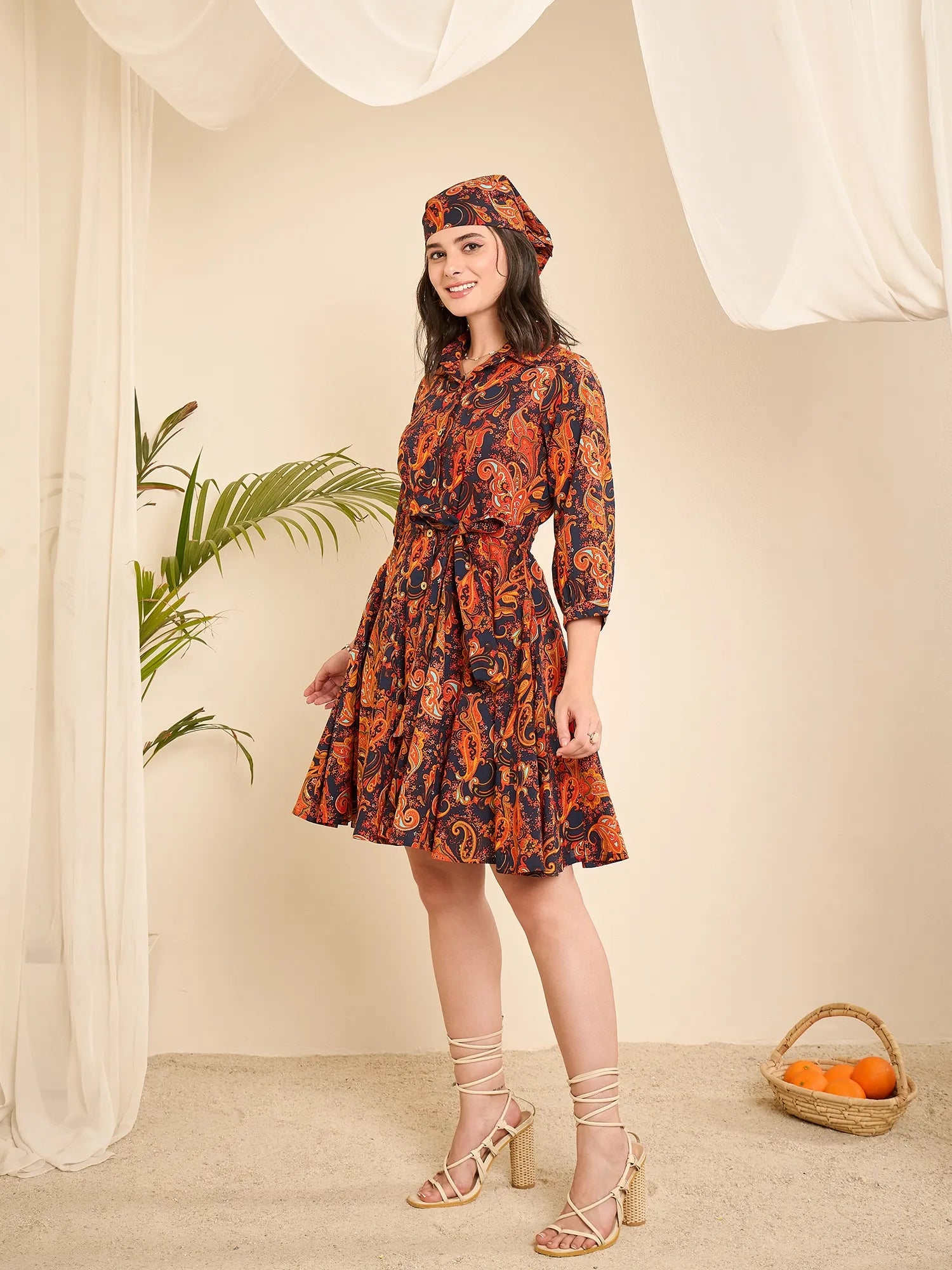women-navy-blue-cotton-paisely-print-godet-flared-dress